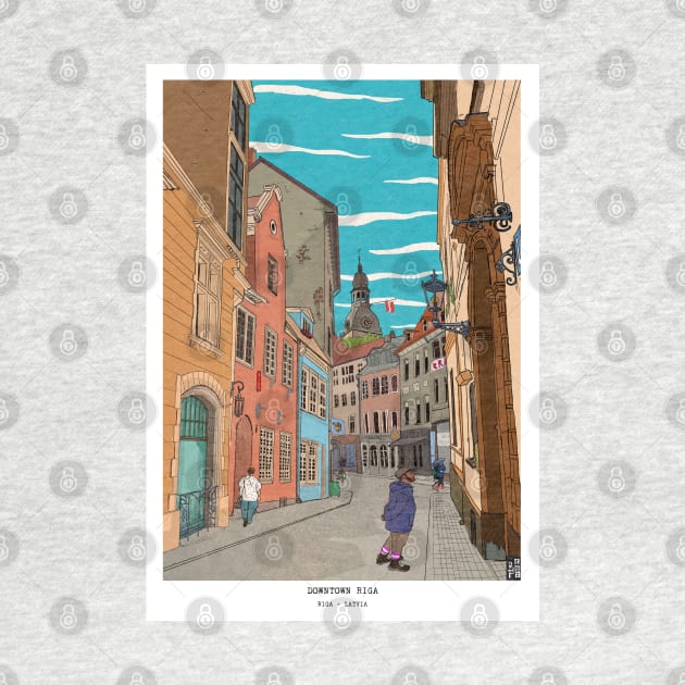 Downtown Riga Latvia Whimsical Retro Inspired Illustration by Wall-Art-Sketch